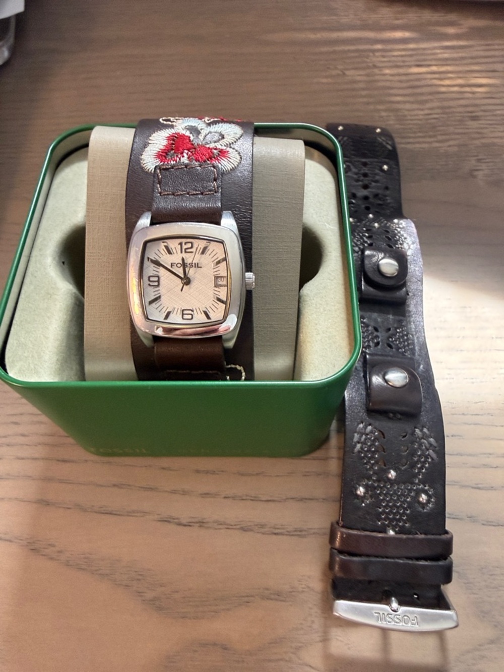 Embroidered Brown Leather Cuff Watch Band with Floral Detail